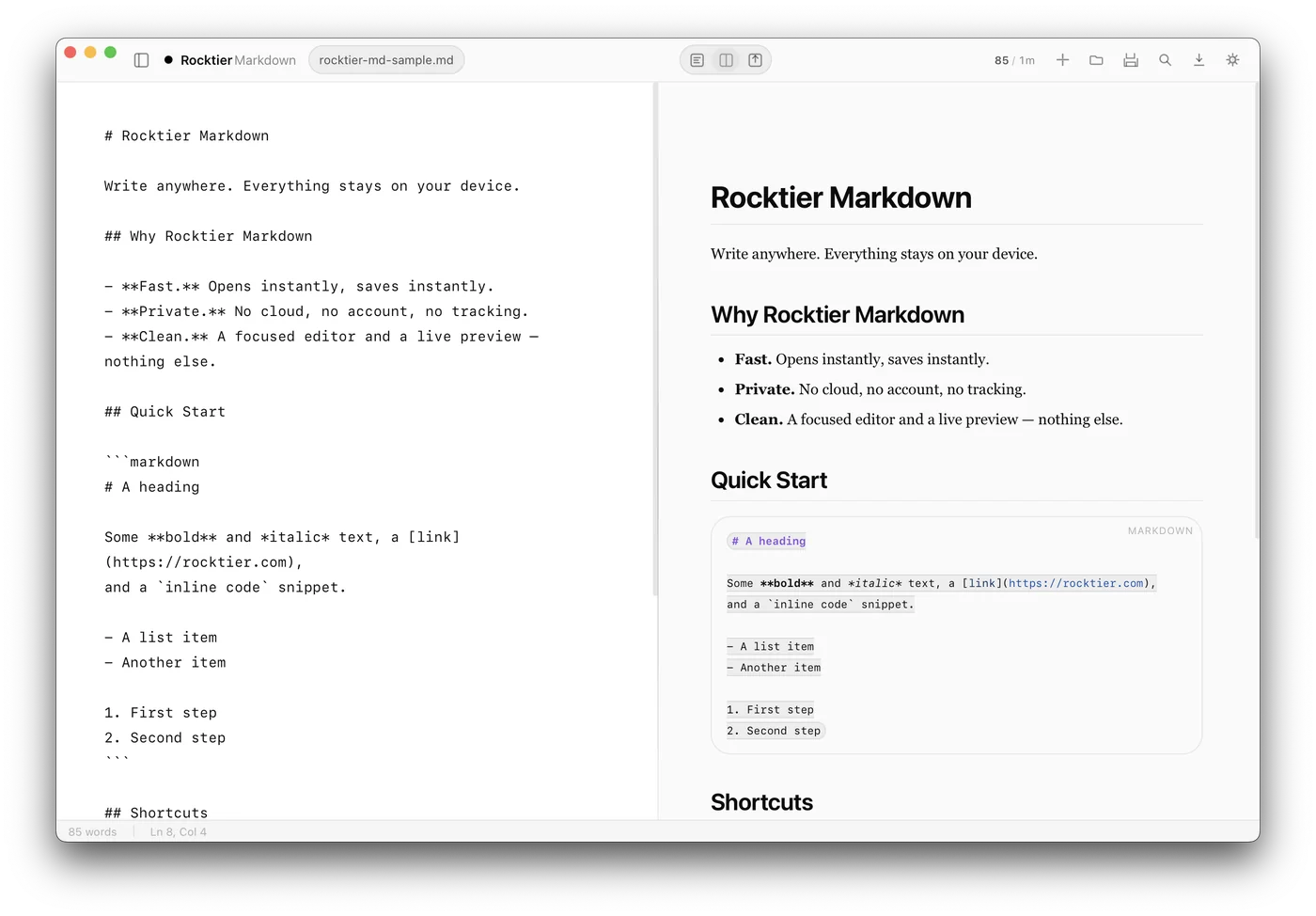 Rocktier Markdown interface, editor and preview side by side