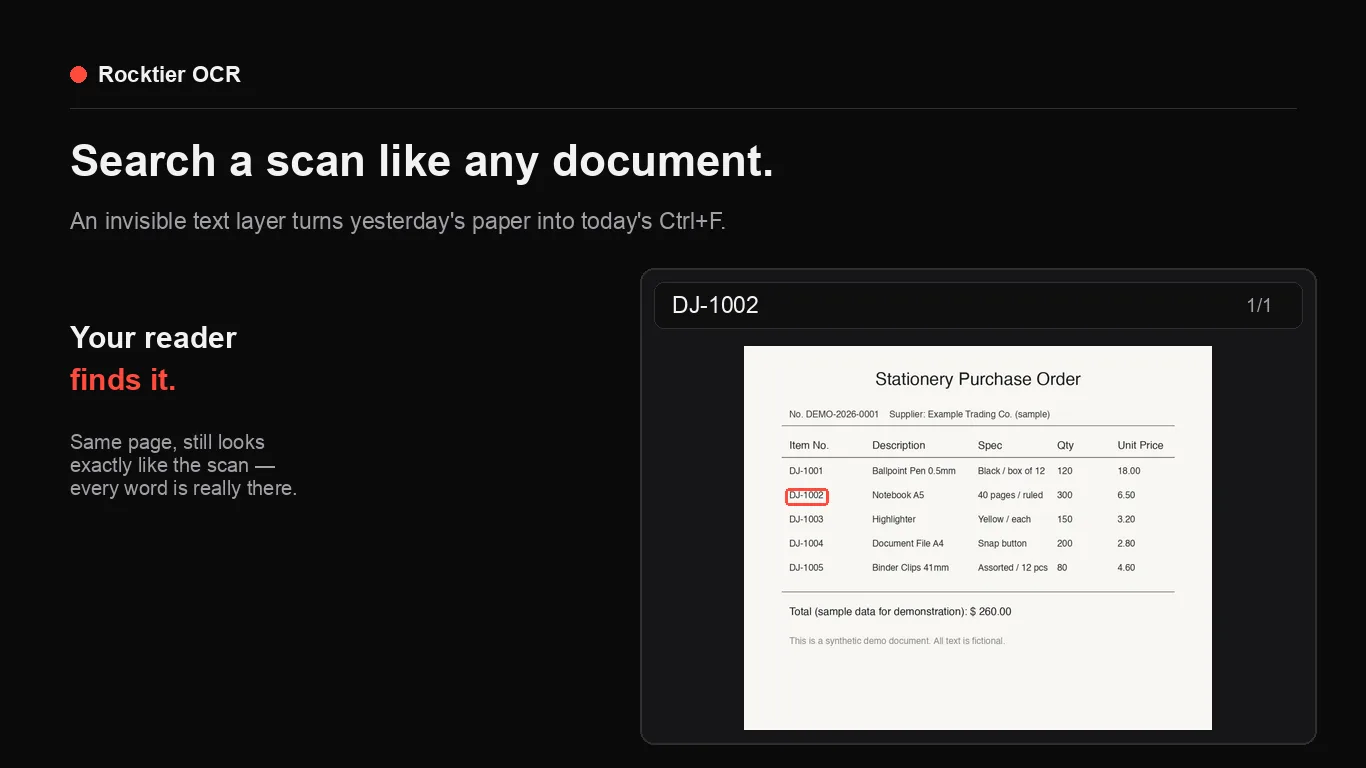 Rocktier OCR: a search hit inside a rendered scan, with the text layer highlighted