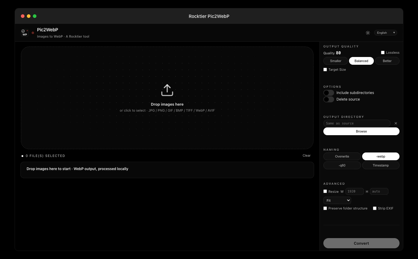 Rocktier Pic2WebP interface, converting a batch of images