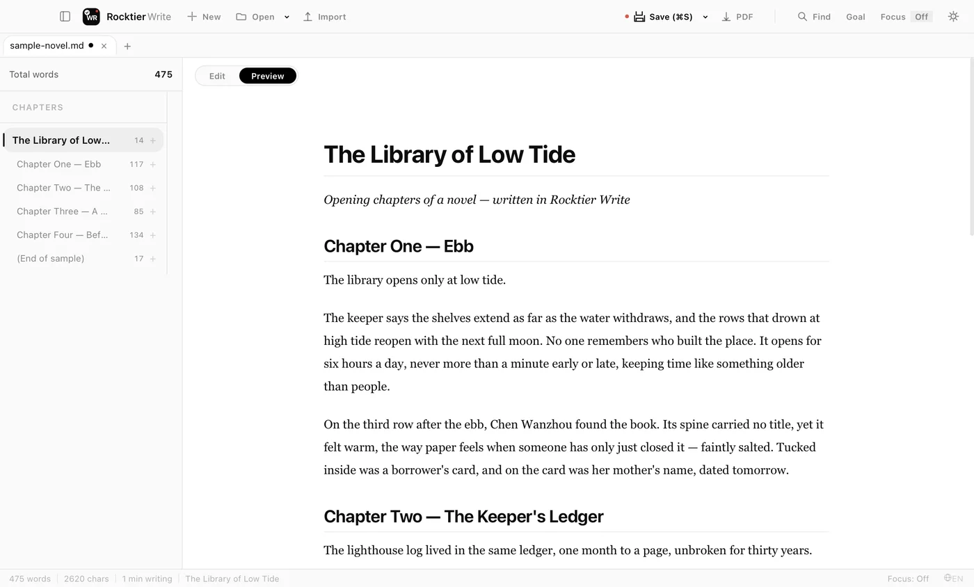 Rocktier Write with a manuscript open, chapters from its headings in the sidebar